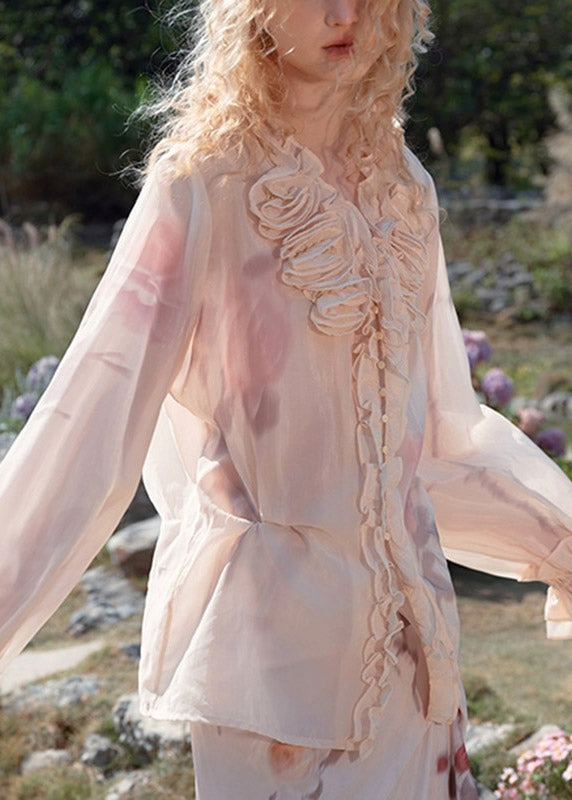 Organic Pink Ruffled Patchwork Shirt Flar Sleeve