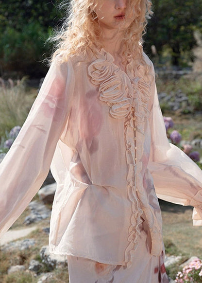 Organic Pink Ruffled Patchwork Shirt Flar Sleeve