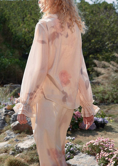 Organic Pink Ruffled Patchwork Shirt Flar Sleeve
