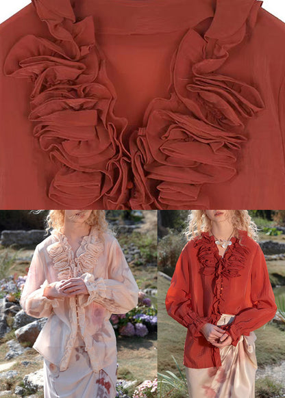 Organic Pink Ruffled Patchwork Shirt Flar Sleeve