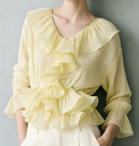 Vogue Yellow V Neck Ruffled Solid Shirt Flare Sleeve