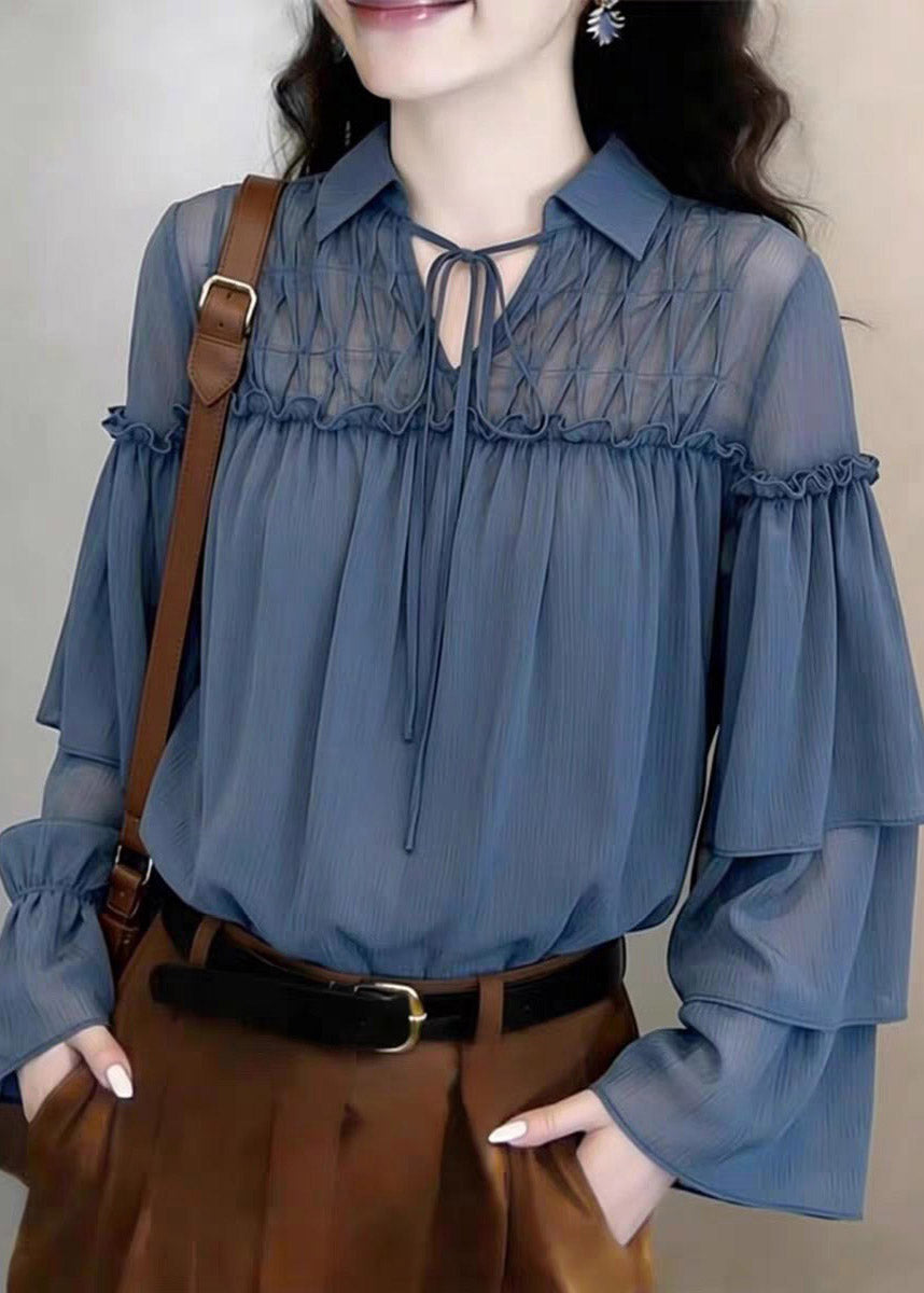Style Blue Peter Pan Collar Ruffled Tie Lace Tops Flare Sleeve