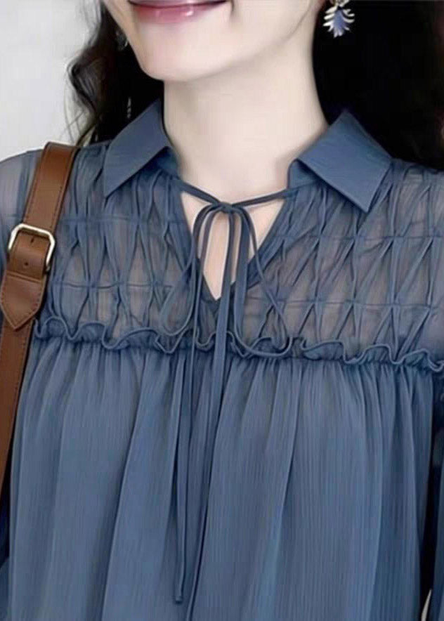 Style Blue Peter Pan Collar Ruffled Tie Lace Tops Flare Sleeve