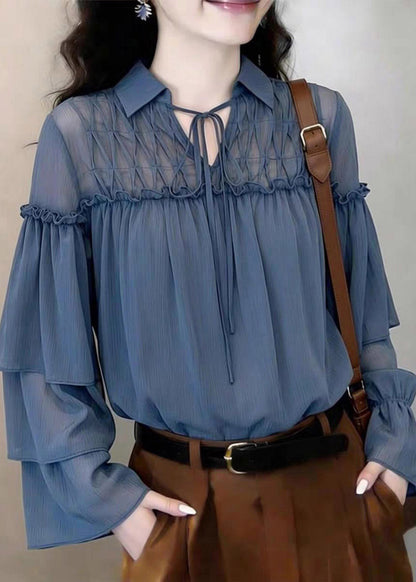 Style Blue Peter Pan Collar Ruffled Tie Lace Tops Flare Sleeve