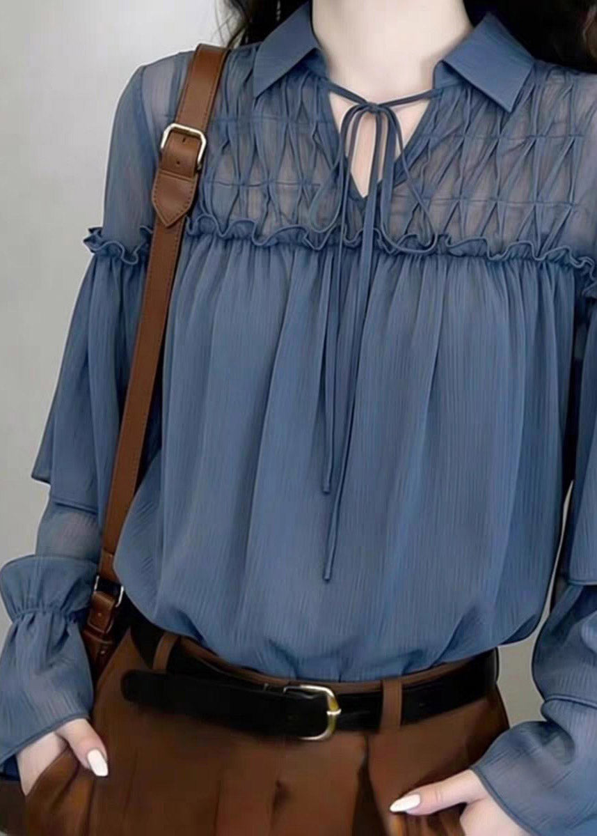 Style Blue Peter Pan Collar Ruffled Tie Lace Tops Flare Sleeve