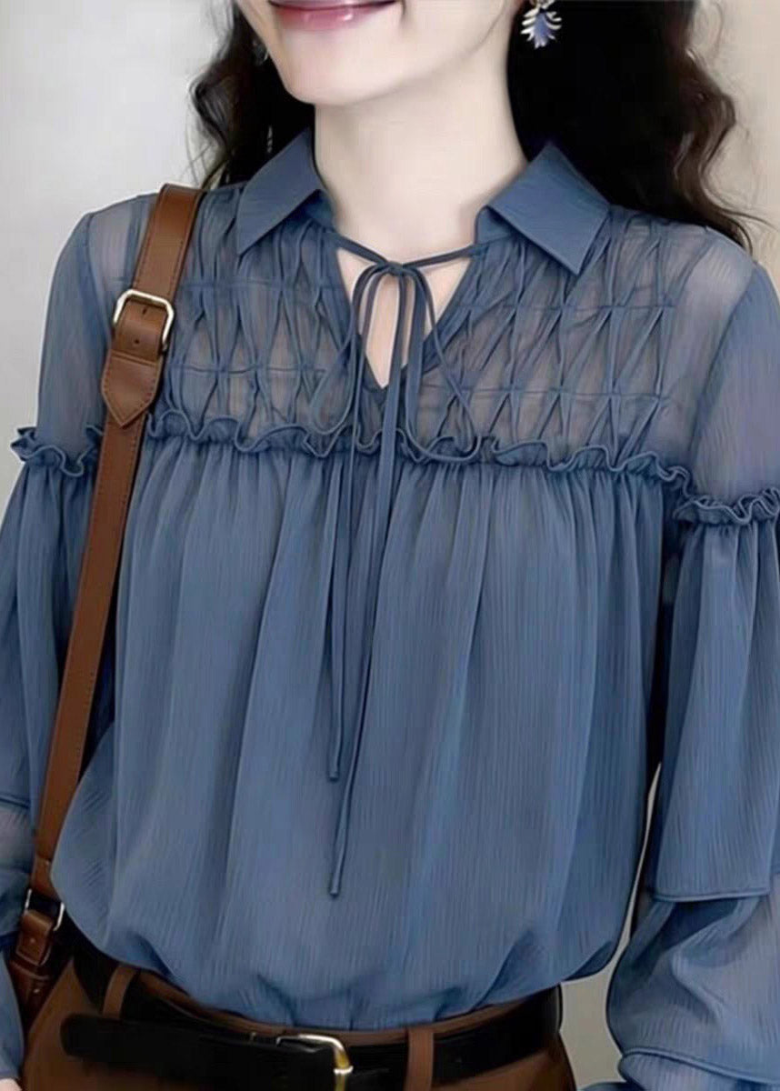 Style Blue Peter Pan Collar Ruffled Tie Lace Tops Flare Sleeve