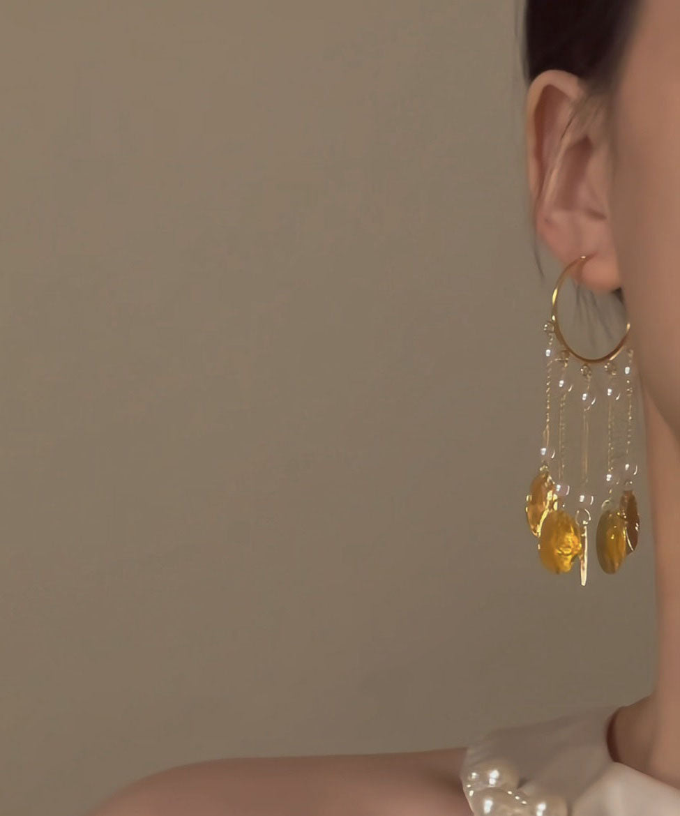 Stylish Gold Copper Alloy Pearl Circle Tassel Hoop Earrings