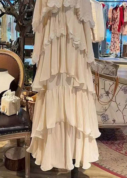 Unique Beige Tie Lace Long Spaghetti Strap Cake Dress Sleeveless