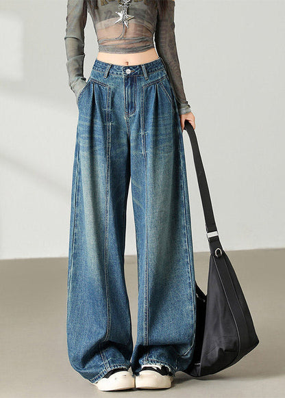 Vintage Blue Pockets Patchwork Wide Leg Jeans Spring