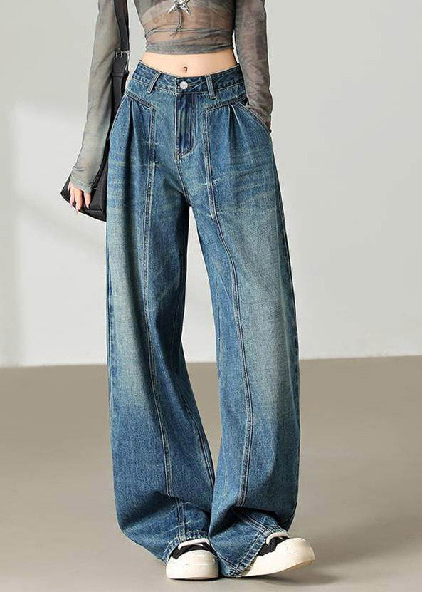 Vintage Blue Pockets Patchwork Wide Leg Jeans Spring