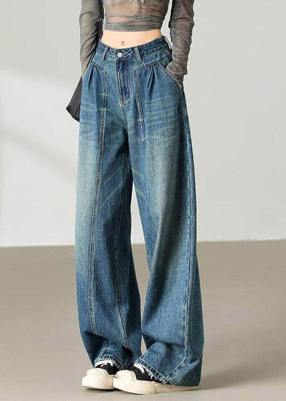 Vintage Blue Pockets Patchwork Wide Leg Jeans Spring