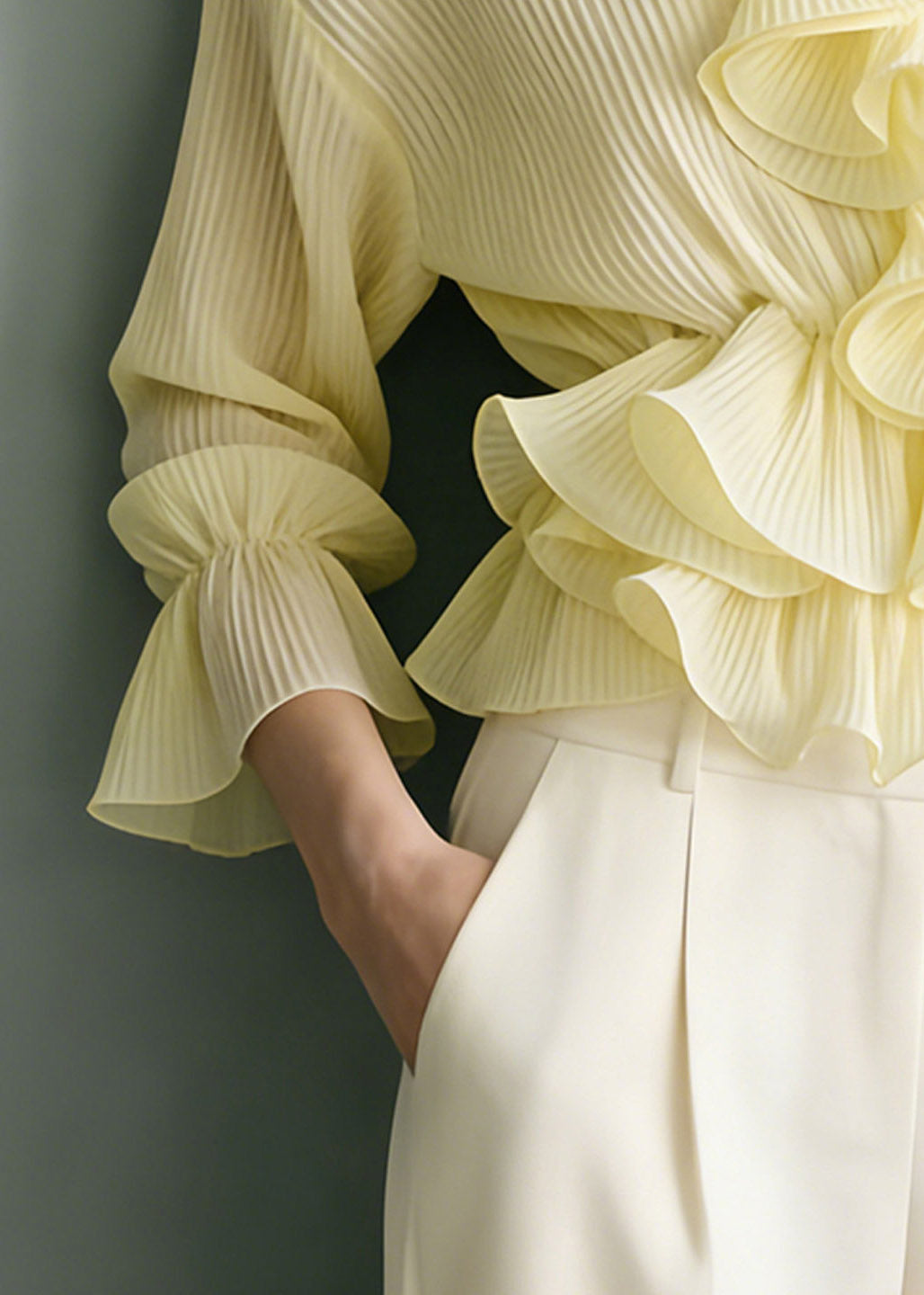 Vogue Yellow V Neck Ruffled Solid Shirt Flare Sleeve
