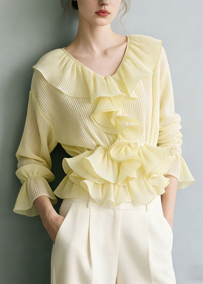 Vogue Yellow V Neck Ruffled Solid Shirt Flare Sleeve