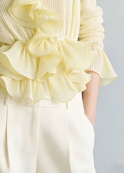 Vogue Yellow V Neck Ruffled Solid Shirt Flare Sleeve