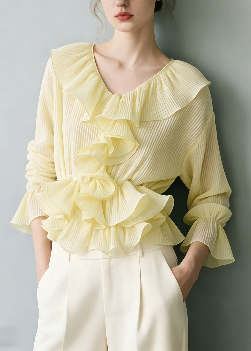 Vogue Yellow V Neck Ruffled Solid Shirt Flare Sleeve