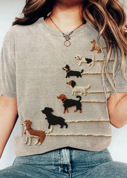 Women Grey O Neck Animal Cotton T Shirt Tops Summer
