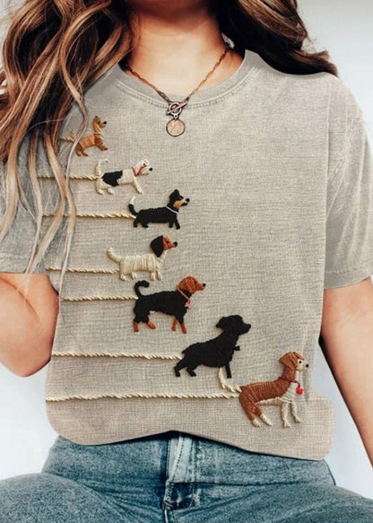 Women Grey O Neck Animal Cotton T Shirt Tops Summer