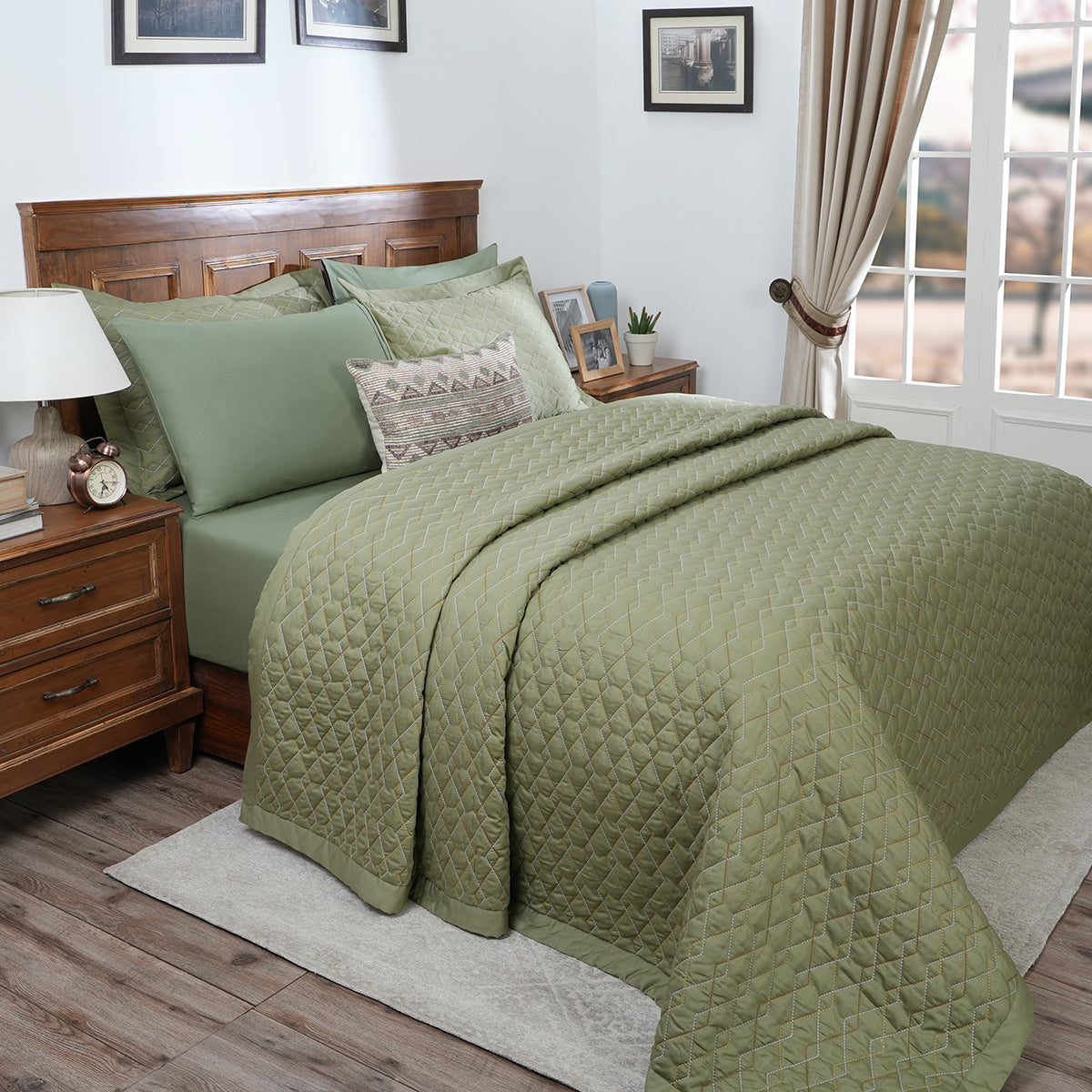 8Pcs Quilt/Quilted Bed Cover Set Art Deco Diamond Green