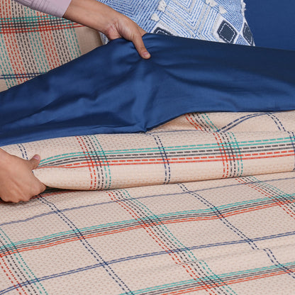 Eclectic Geo Mosaic Plaid Woven 100% Cotton Blue 8 pcs Duvet Cover Set