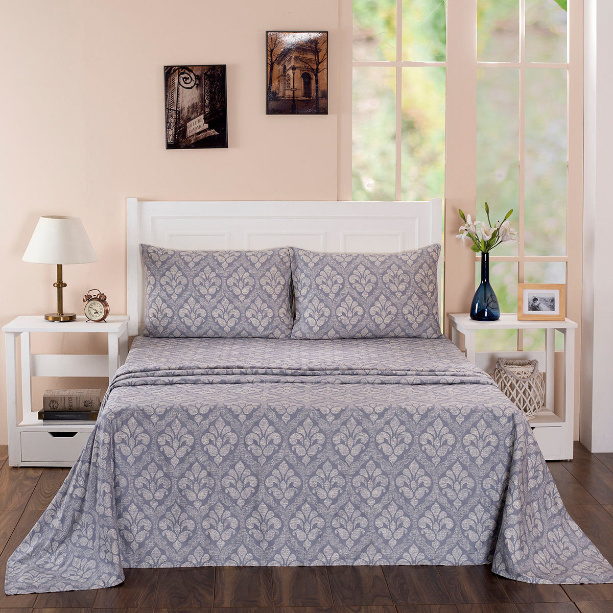 Folklore Transition Diamond Festivity Printed 100% Cotton Blue Ultra Soft Bed Sheet with Pillow Case