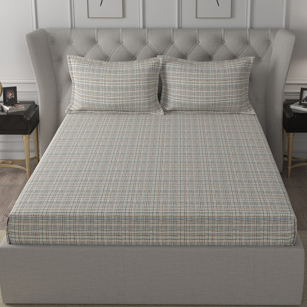 Inhouse Ardour Tiffany Printed 200 TC 100% Cotton Neutral Bed Sheet with Pillow Case