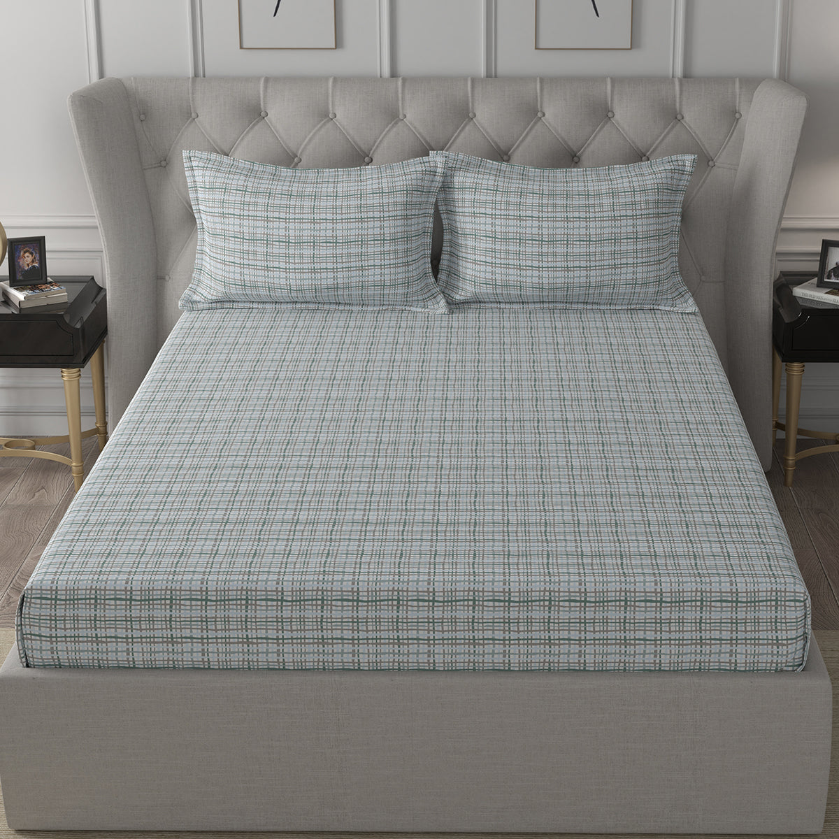 Inhouse Ardour Tiffany Printed 200 TC 100% Cotton Blue Bed Sheet with Pillow Case