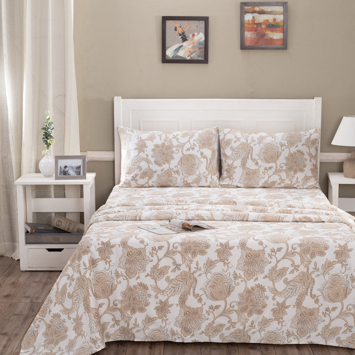 Art Nouveau Mabel Printed 100% Cotton Neutral Soft Bed Sheet