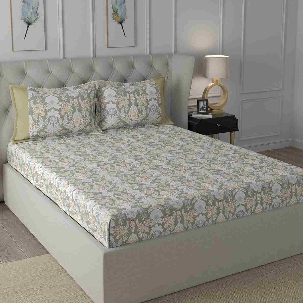 Regency Dark Flora Printed 210TC 100 %Cotton Neutral Bed Sheet with Pillow Case