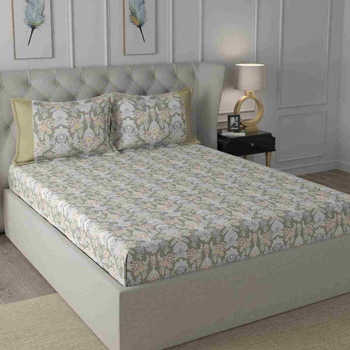 Regency Dark Flora Printed 210TC 100 %Cotton Neutral Bed Sheet with Pillow Case