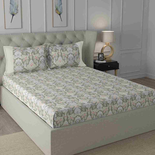 Regency Dark Flora Printed 210TC 100 %Cotton Neutral Bed Sheet with Pillow Case