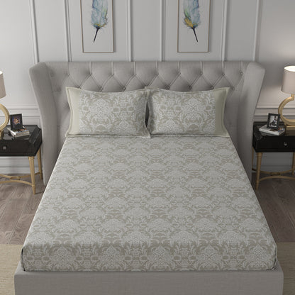 Hermosa Exotic Bouquet Damask Floral Neutral Bed Sheet with Pillow Case