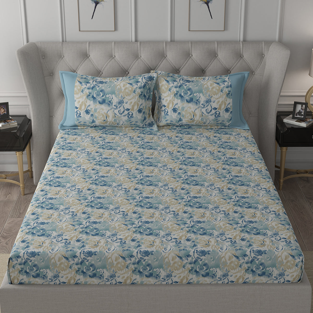 Backyard Patio Meridian Printed 100%Cotton Blue Bed Sheet with Pillow Case