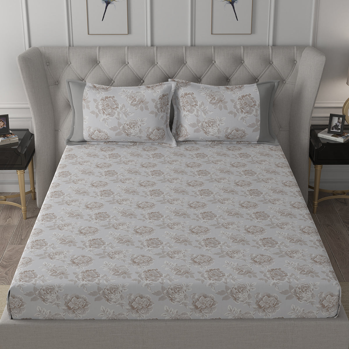 Backyard Patio Silvie Printed 100%Cotton Beige Bed Sheet with Pillow Case