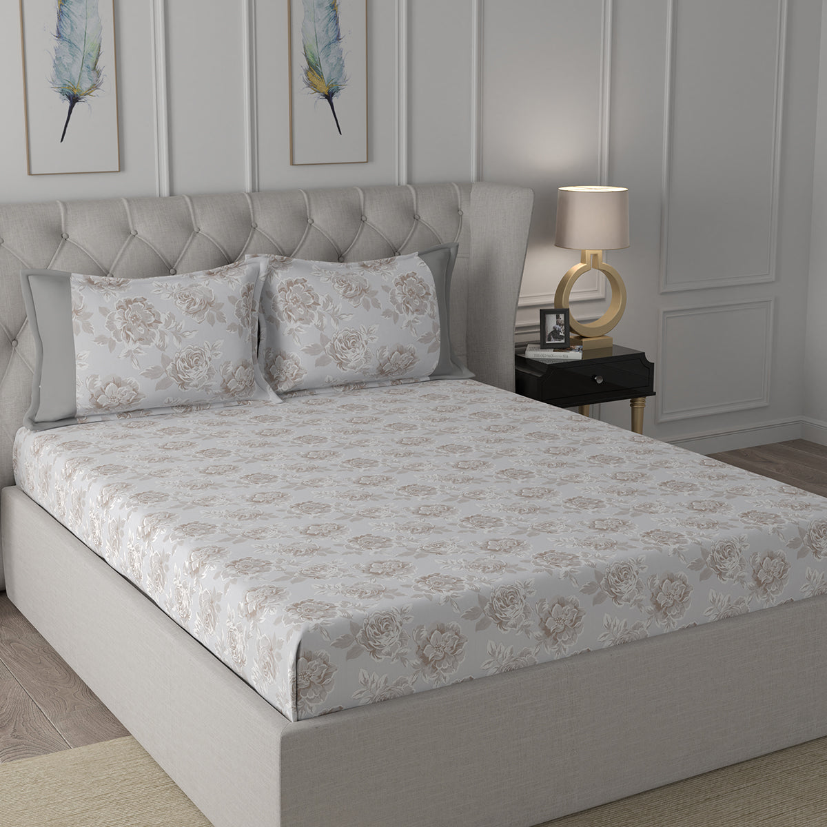 Backyard Patio Silvie Printed 100%Cotton Beige Bed Sheet with Pillow Case