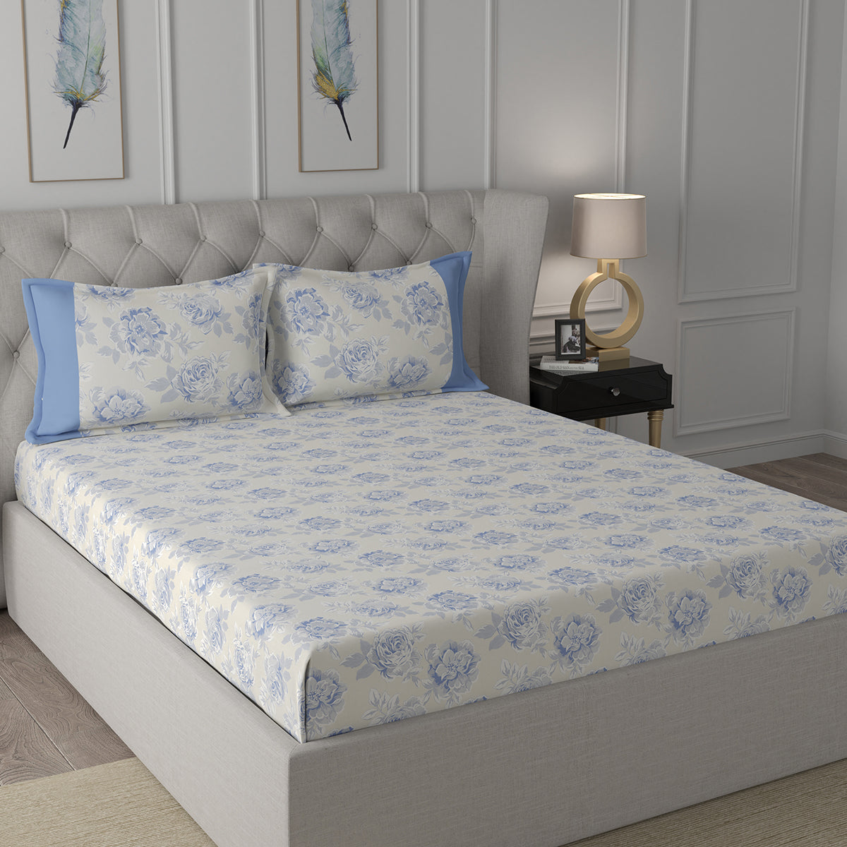 Backyard Patio Silvie Printed 100%Cotton Blue Bed Sheet with Pillow Case