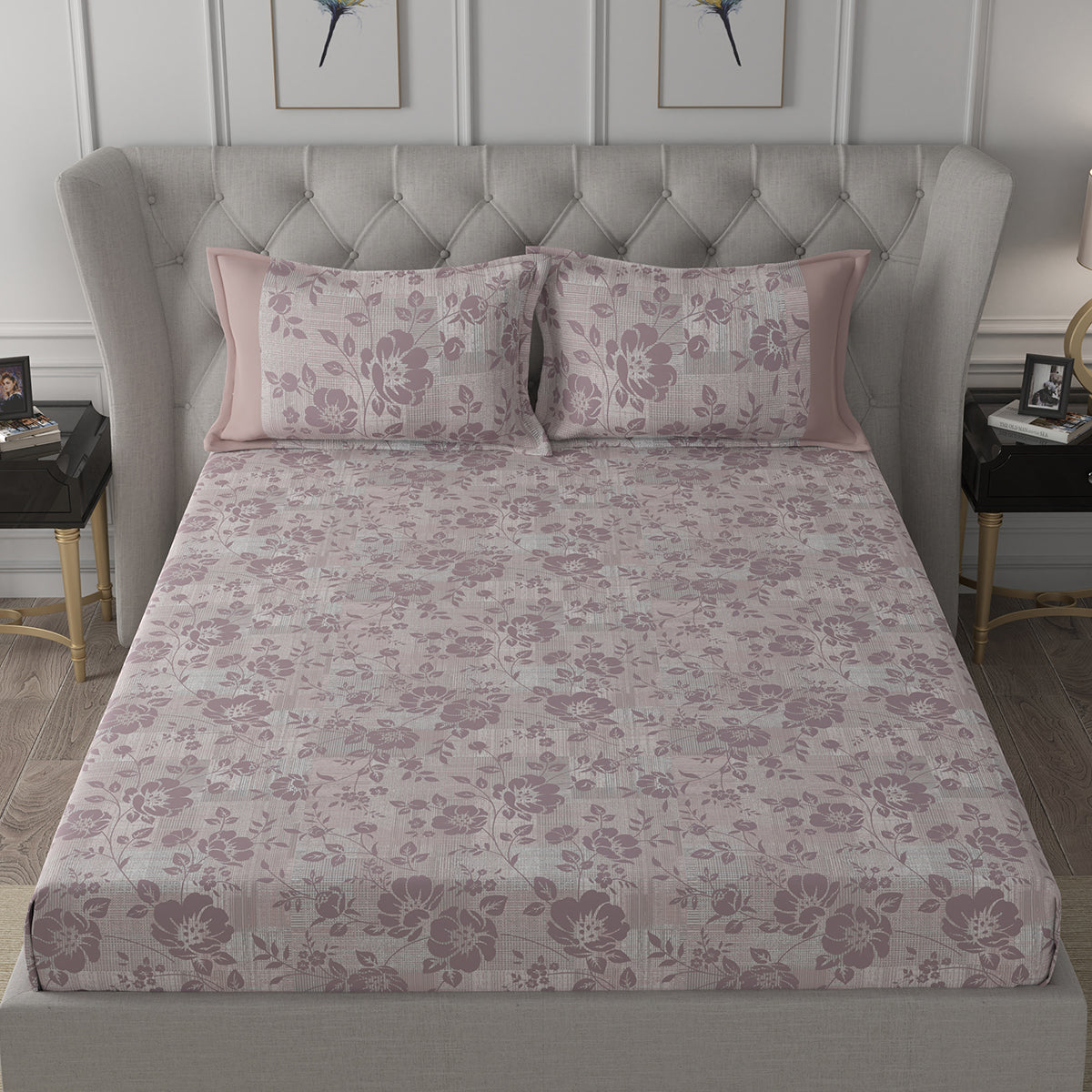 Backyard Patio Textured Floral Printed 100%Cotton Peach Bed Sheet with Pillow Case
