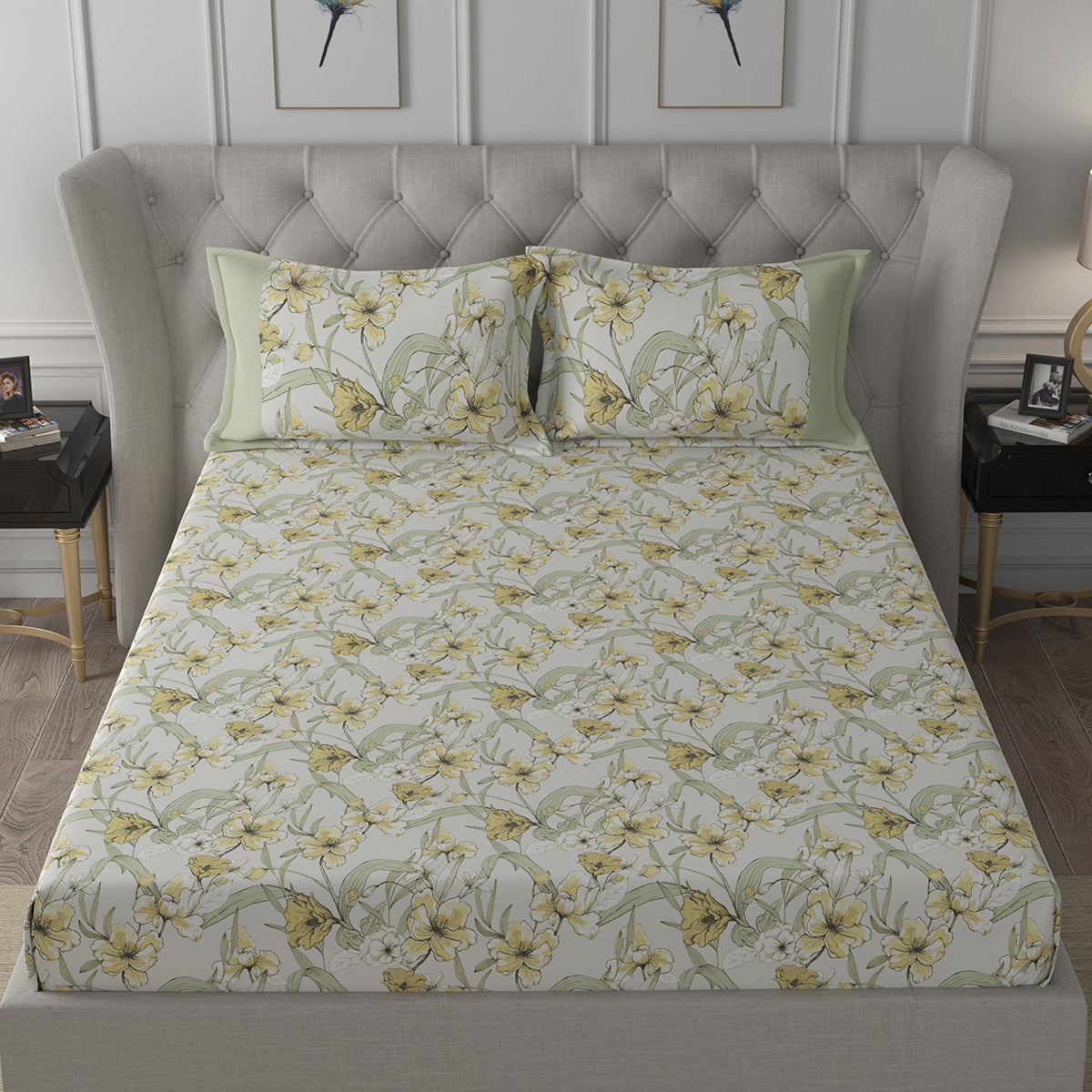 Backyard Patio Valencia Printed 100%Cotton Yellow Bed Sheet with Pillow Case