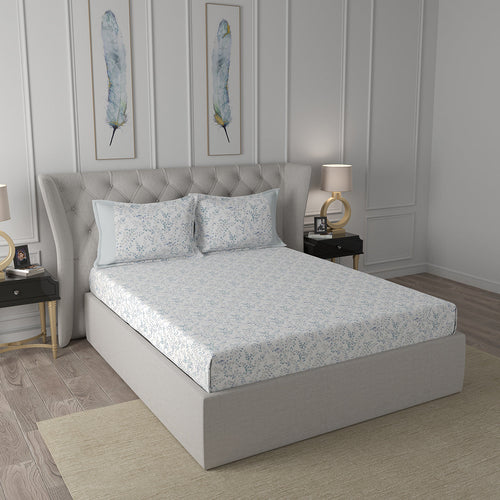 Tranquil Serenity Foliage 100%Cotton Printed Bed Sheet With Pillow Case, Blue