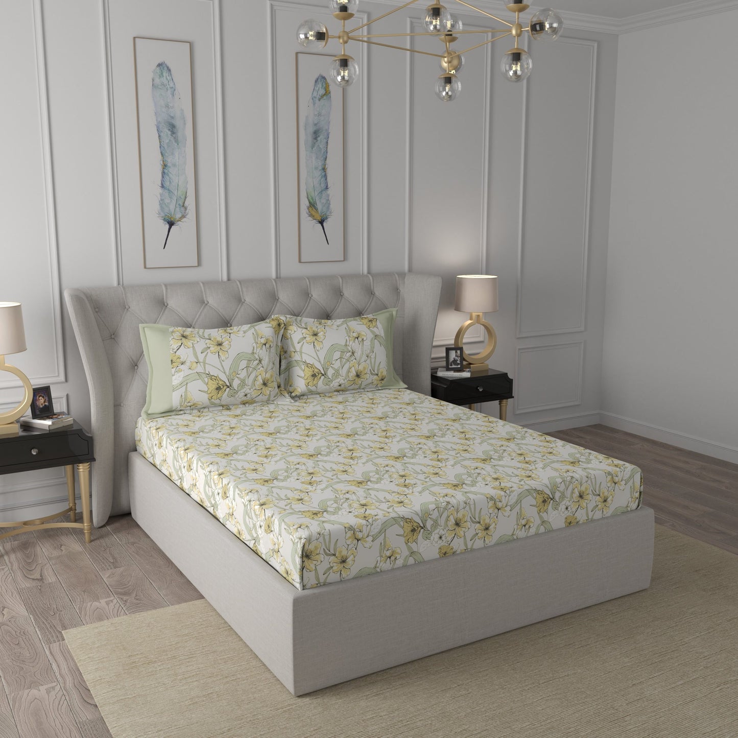 Tranquil Serenity Valencia 100%Cotton Printed Bed Sheet with Pillow Case Yellow