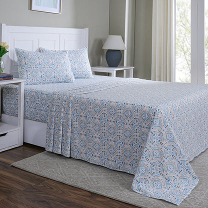 Hermosa Sensory Bloom Avery 100% Cotton Printed Bed Sheet with Pillow Case Blue