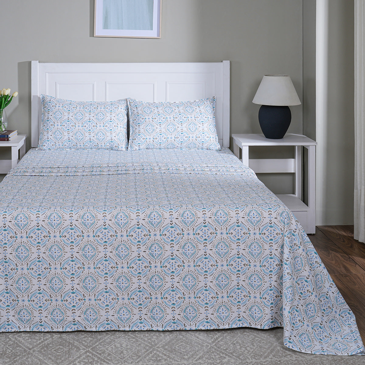 Hermosa Sensory Bloom Avery 100% Cotton Printed Bed Sheet with Pillow Case Blue