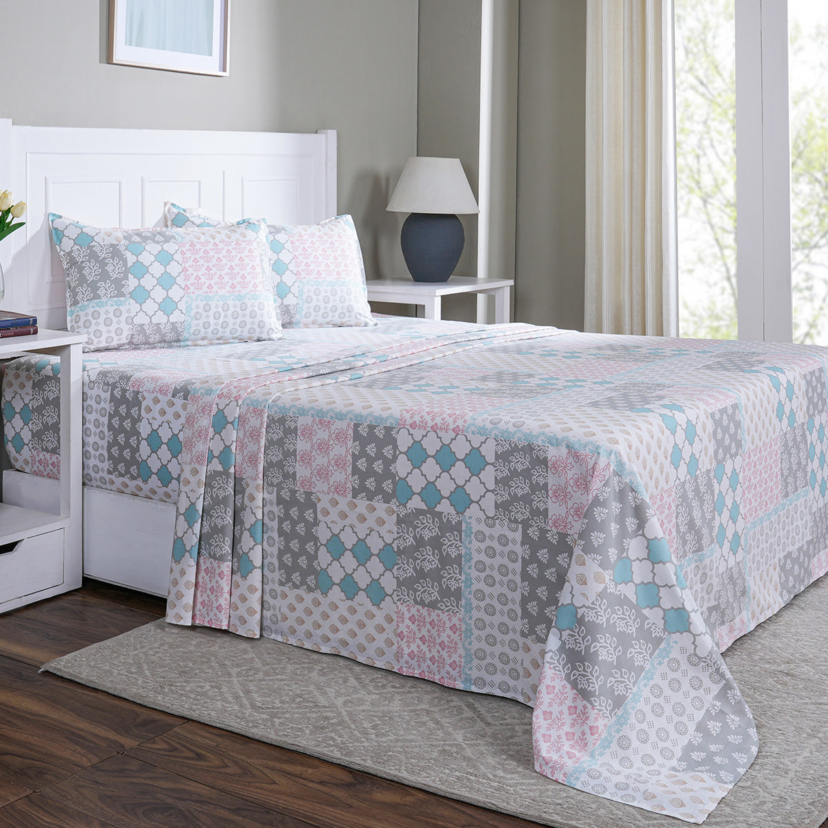 Hermosa Sensory Bloom Lennon 100% Cotton Printed Bed Sheet with Pillow Case Aqua