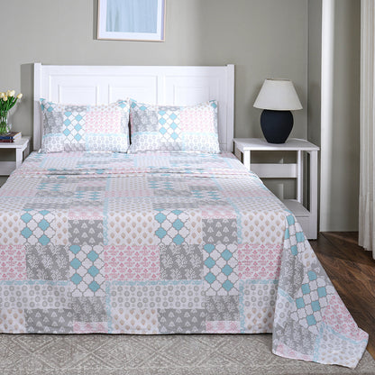 Hermosa Sensory Bloom Lennon 100% Cotton Printed Bed Sheet with Pillow Case Aqua