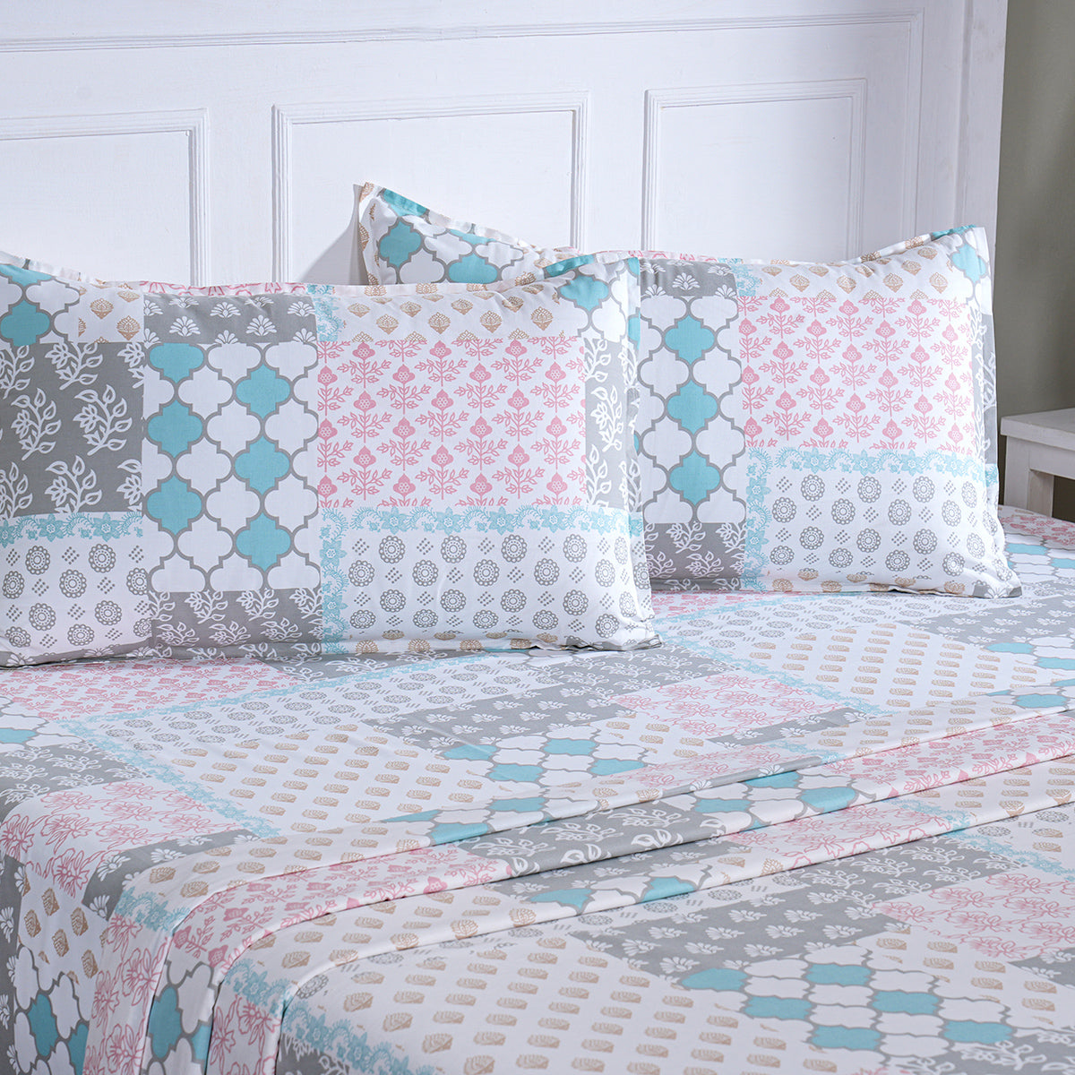 Hermosa Sensory Bloom Lennon 100% Cotton Printed Bed Sheet with Pillow Case Aqua
