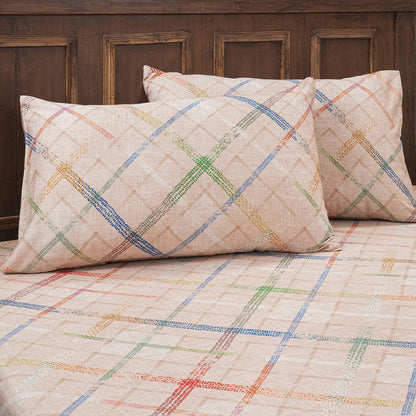 Eclectic Geo Rhombus Digital Print 100% Cotton Beige Bed Sheet with Pillow Case