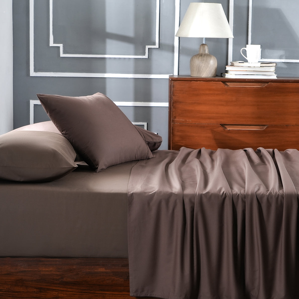 Slumber Plain Easy Care Percale 100% Cotton Brown Crisp Bed Sheet with Pillow Case