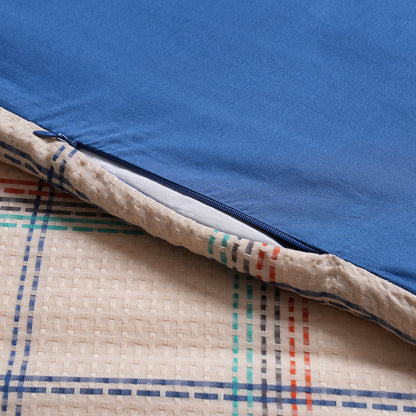 Eclectic Geo Mosaic Plaid Woven 100% Cotton Blue Duvet Cover with Pillow Case
