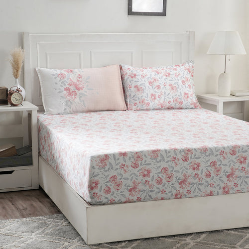 Optimist Bloom 300 TC Orville 100% Cotton Printed Fitted Sheet With Pillow Cover