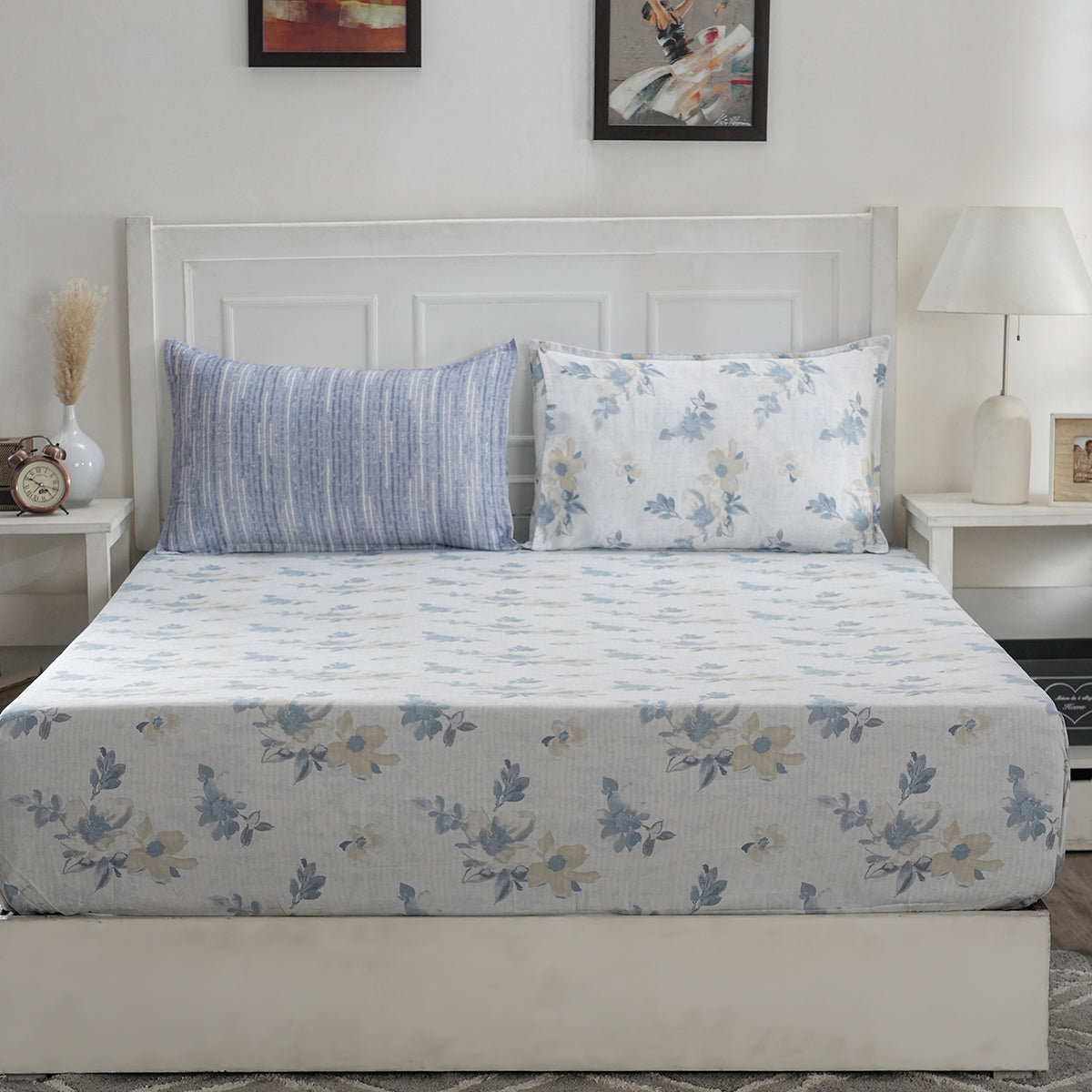 Optimist Bloom 300 TC Everly 100% Cotton Printed Fitted Sheet With Pillow Cover