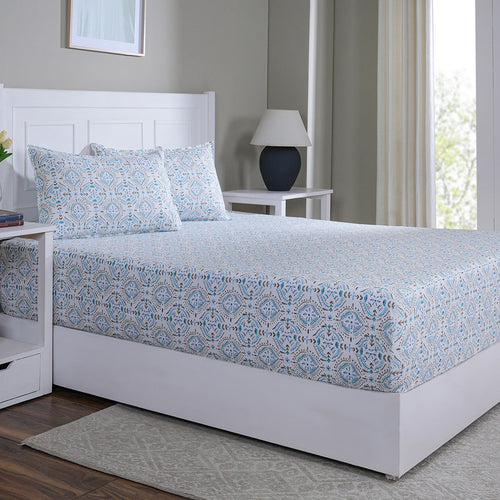 Hermosa Sensory Bloom Avery 100% Cotton Printed Fitted Sheet with Pillow Case Blue